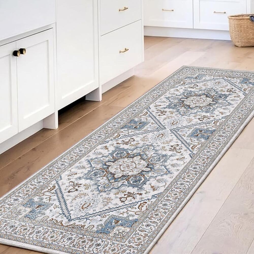 Vintage Blue 2x6 Runner Rug, 2 x 6 Retro Washable Rug Non Slip, Low-Pile Faux